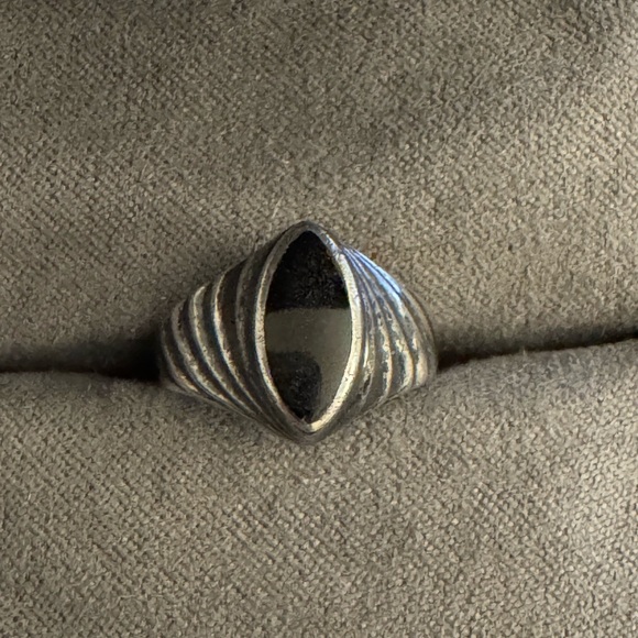 925 Sterling Silver Jewelry - Sterling Silver Black Onyx Navette Ring Sculptural Ribbed Shoulders